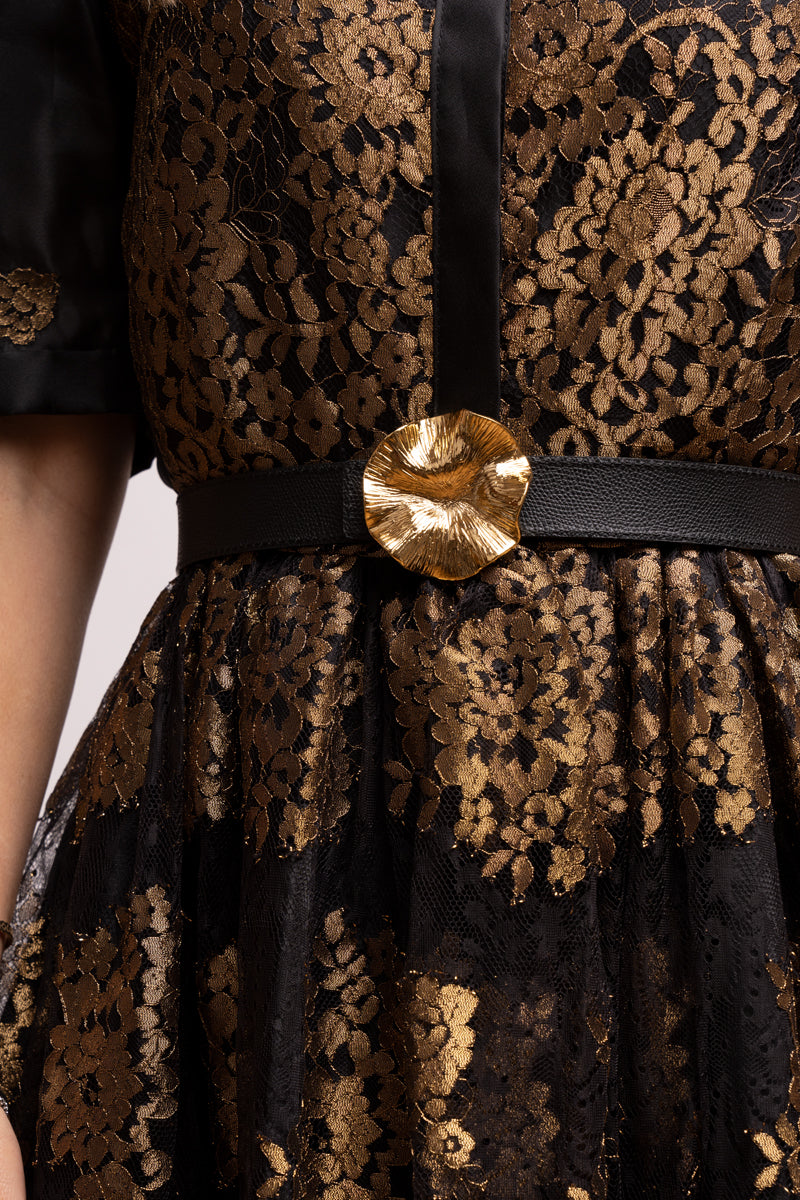 Lotus Flower Black Gold Belt