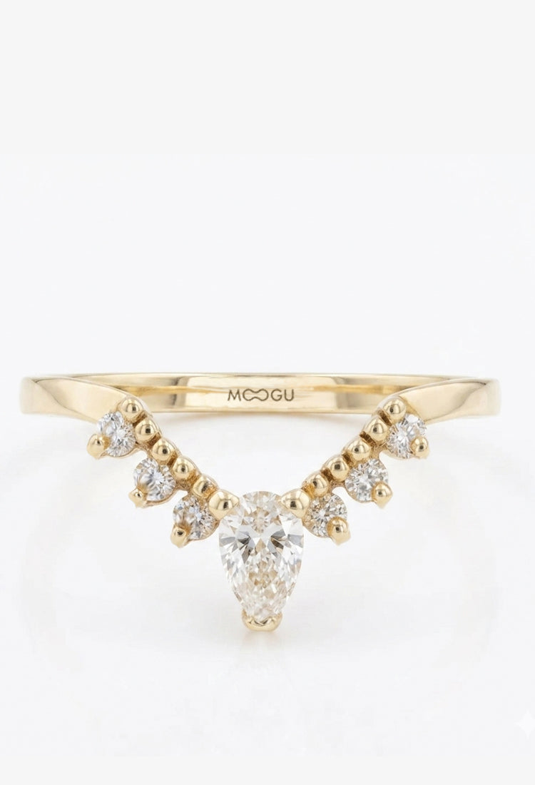 Inel de logodnă Tiara Band cu diamant central pară și diamante naturale G/VS1 în aur 14k, MOOGU®