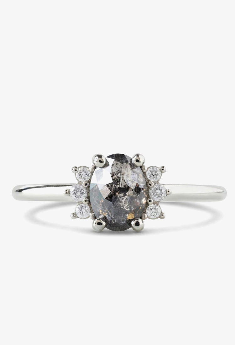 Inel de logodnă Soleil Brume cu diamant natural Salt & Pepper oval, aur 14k alb, MOOGU®