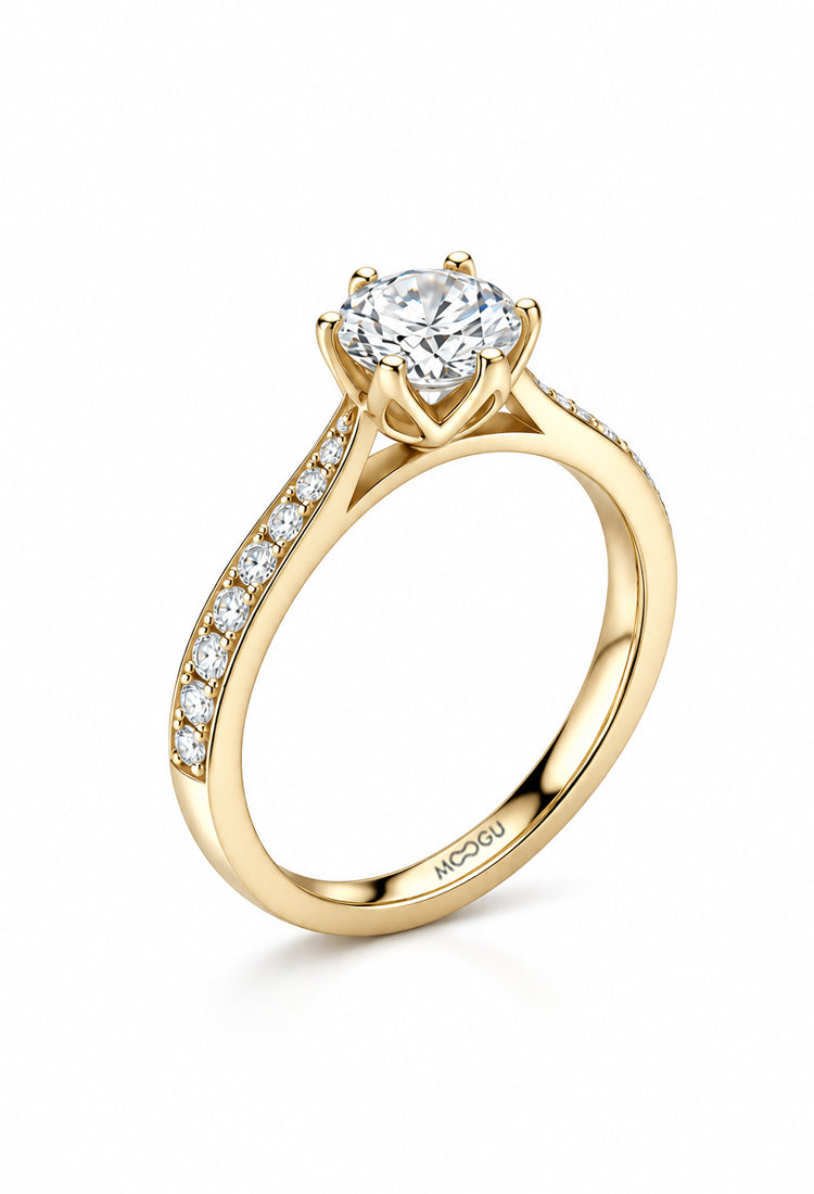 Inel de logodnă My Queen cu diamant central și diamante laterale montate manual în aur 14k alb, MOOGU®
