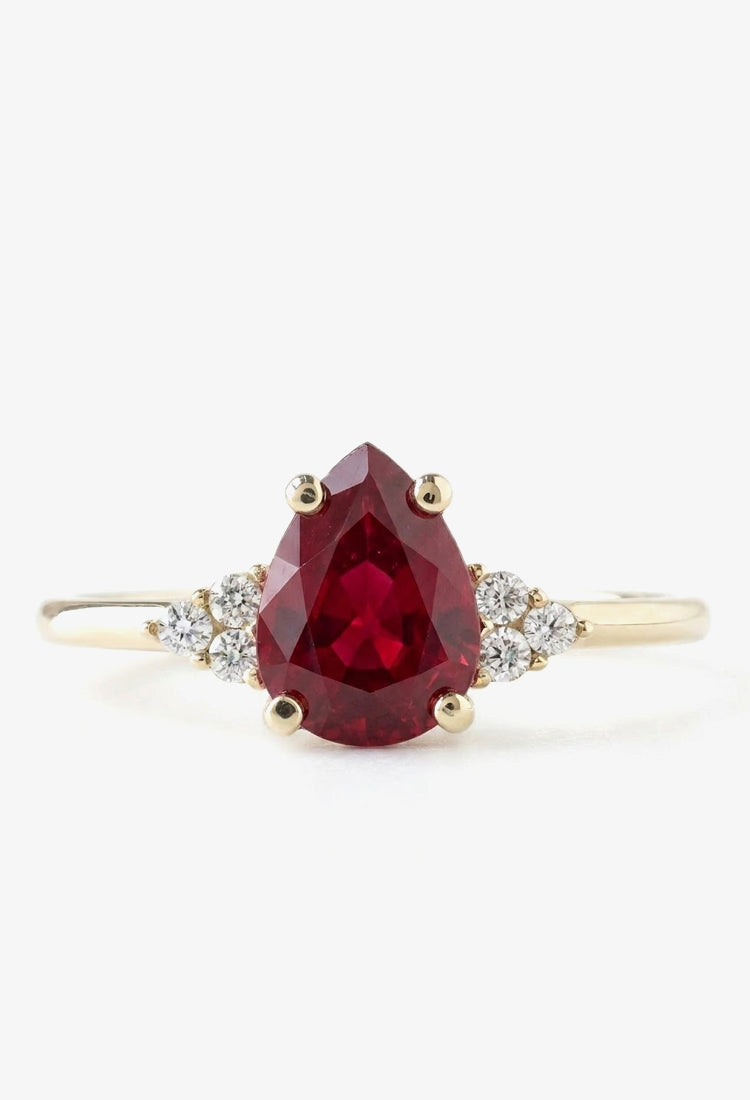 Inel de logodnă cu rubin salt and pepper tăietură pară și diamante naturale în aur 14k, MOOGU®
