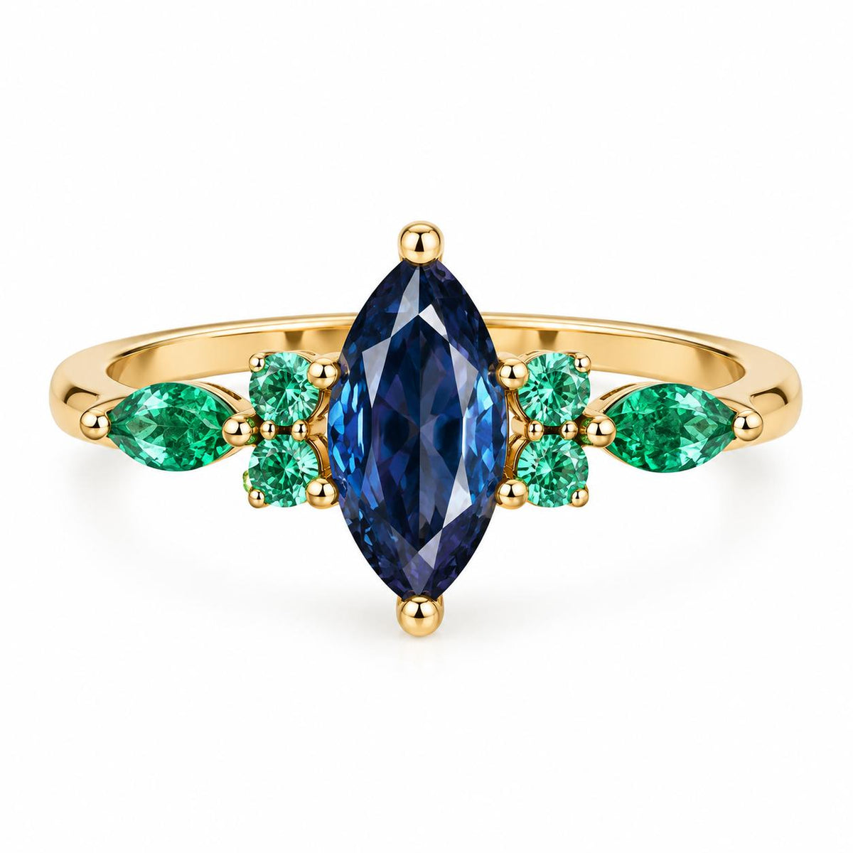 Inel de logodnă Blue Emerald MOOGU purtat pe mână, safir și smaralde
