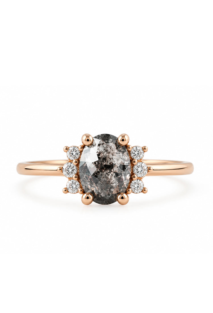 Inel de logodnă Soleil Brume cu diamant natural Salt & Pepper oval, aur 14k alb, MOOGU®
